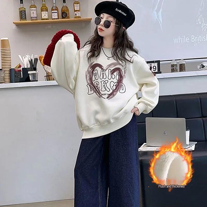 Girls' Fleece-Lined Spliced Sweatshirt: Stylish Autumn/Winter Pullover for Kids