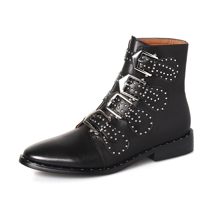 Fashion New Autumn Winter Women Boots Cow Leather Ankle Boot Fashion Rivet Belt Buckle Boots for Women Round Toe Low Heel Western Boots