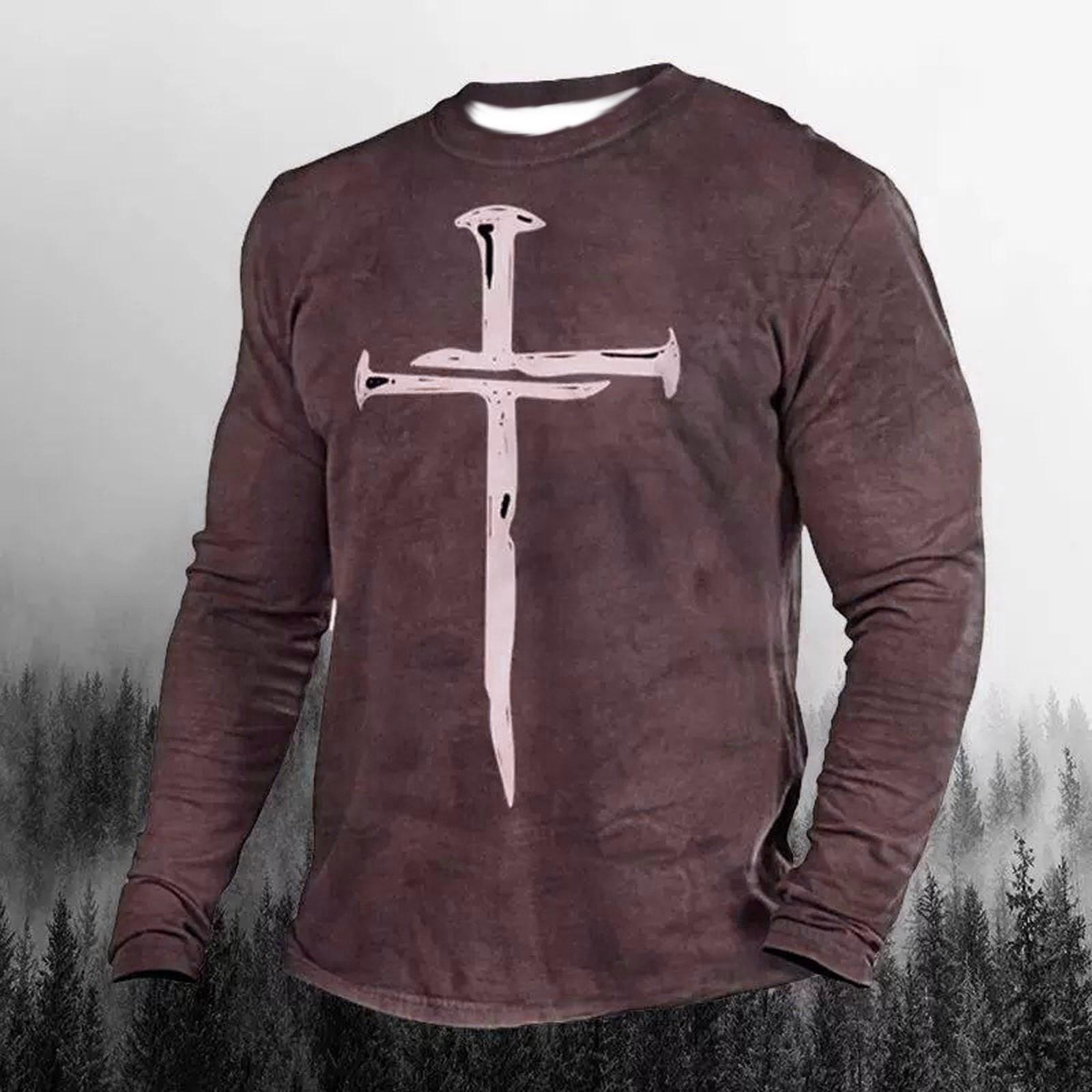 

Shirts For Men Cross Print Long Sleeve Casual Round Neck Vintage Graphic Tee Shirt Top XXXXL винный