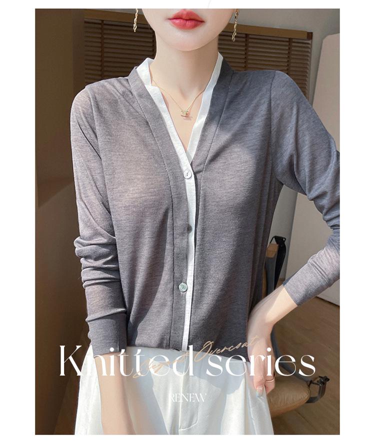 2025 Spring/Summer Colorblock V-Neck Fine-Knit Cardigan – Long Sleeve, Loose Fit, Versatile Two-Piece Top