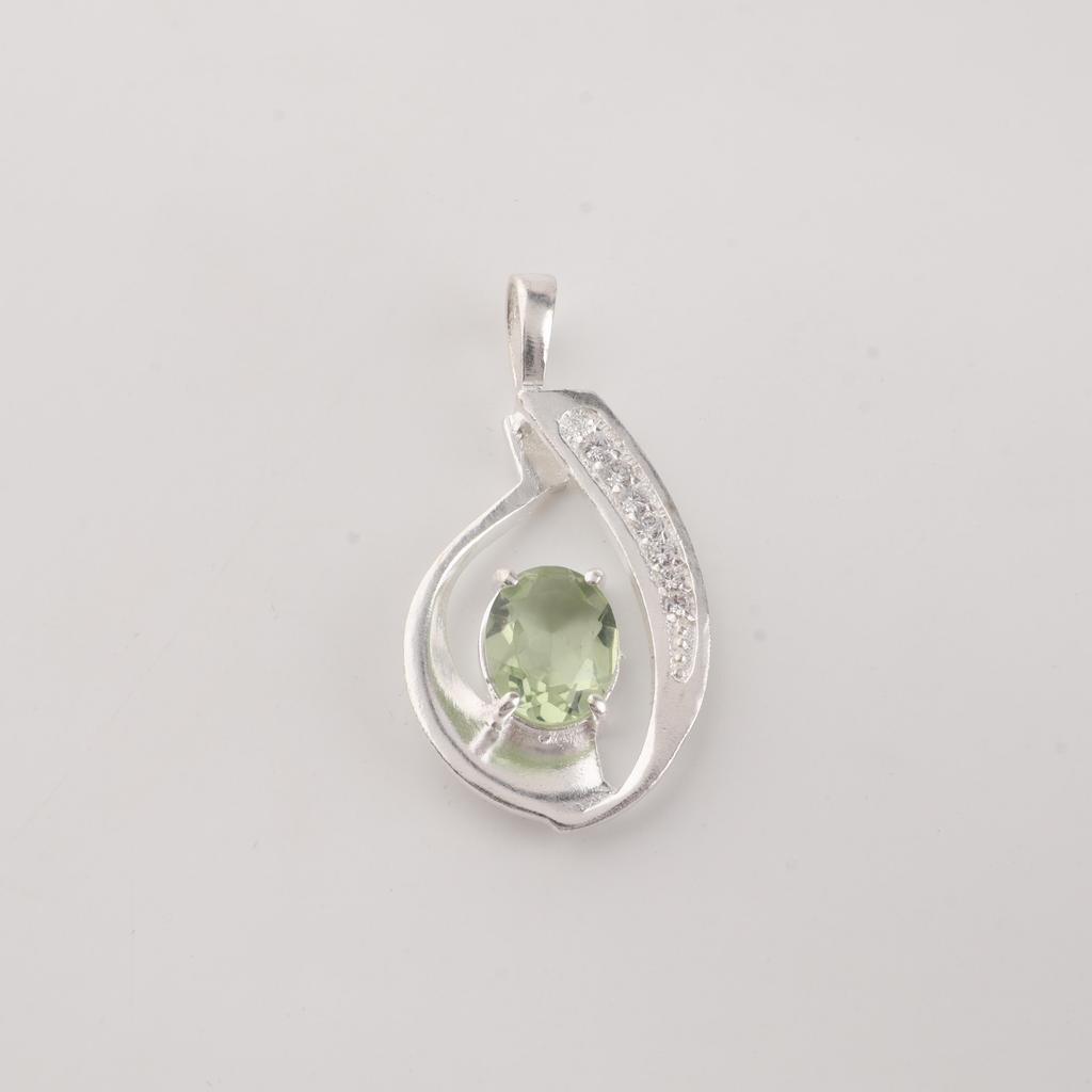 Green Amethyst Gemstone 925 Sterling Silver Women's Jewelry Designer Zircon Pendant 1.4" Gift For Wife CZP-16-8