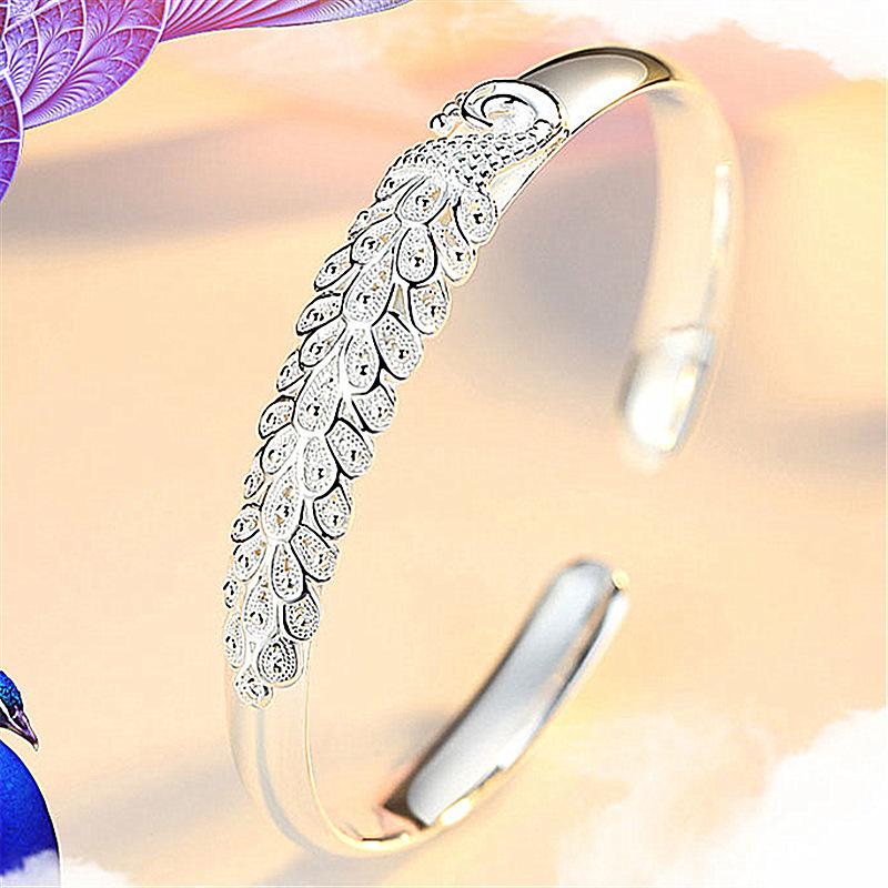 Peacock Open Bangle Engraved silver-plated bracelet Fashionable and trendy style Direct wholesale of wristbands Animal bracelet