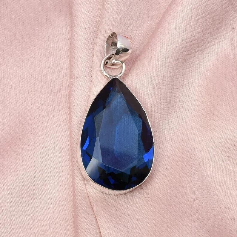 Blue Sapphire Gemstone Handmade Necklace 925 Sterling Silver Teardrop Pendant