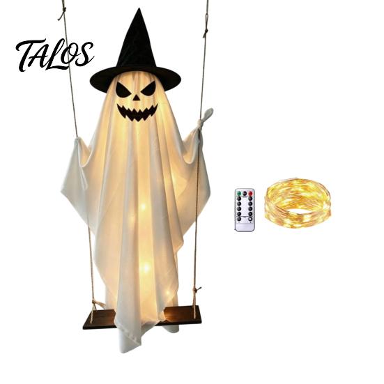 Fantasma Facile da Appendere per Decorazione Esterna Halloween Decorazione Luminosa, Grande Spettrale su un Viso Demoniaco Luminoso Altalena da Giardino con Cappello da Strega Portico