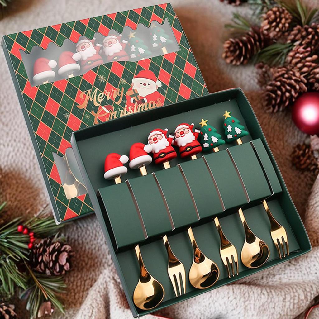 6x Christmas Spoons Forks Set, Stainless Steel Dessert Spoons Forks, Mixing Stirring Spoon, Xmas Cutlery Kits Utensils
