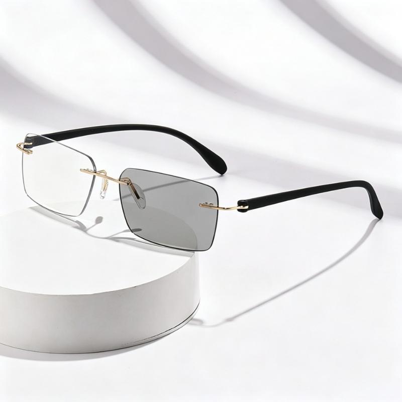 Luxury Metal Frameless Photochromic Reading Glasses Fashionably Lightweight Business Blue Light Blocking Eyewear 0 To +4.0