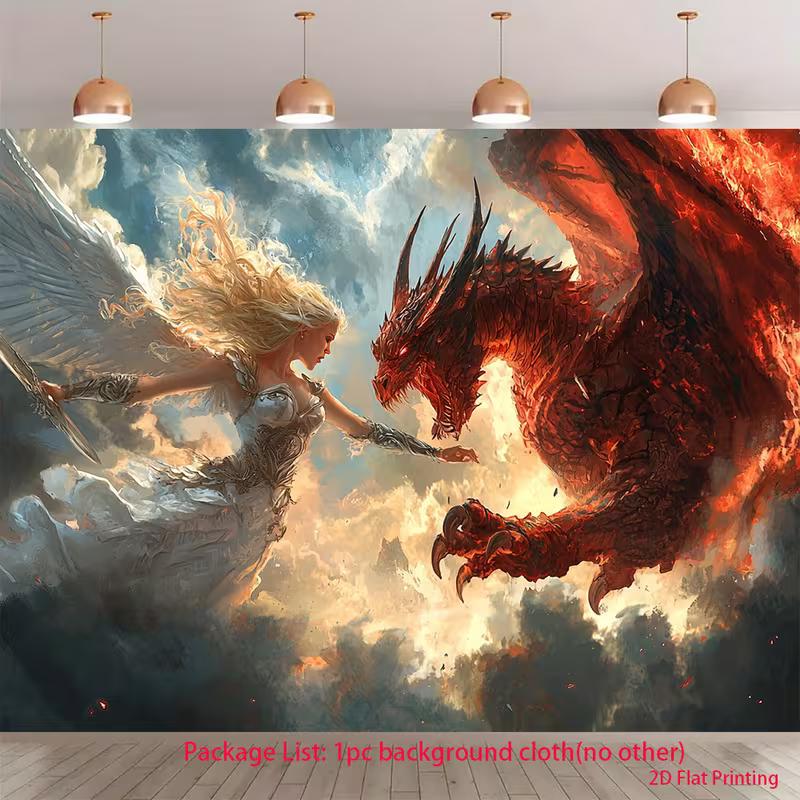 2D Angel Vs Dragon Backdrop for Fantasy Cosplay, Medieval & Mythical Themed Events