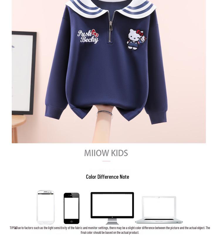 Girls' Sailor Collar Cartoon Sweatshirt - Seasonal Casual Top for Fall and Winter