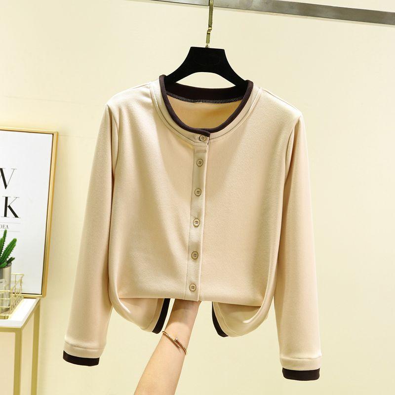 Double-sided Dralon Cardigan Top Long sleeve All-Matching Women Casual Age-Reducing Outerwear Loose Slimming round Neck Home Wear Top