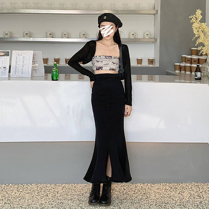 

Черная джинсовая юбка-годе, юбка-бюстье, женская весенняя юбка средней длины, тонкая, с высокой посадкой, эластичная, с открытым пакетом, облегающая бедра, модная джинсовая юбка-бюстье XL чёрный