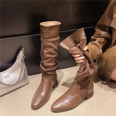 Huge Good-looking Retro Long Boots Tall Boots Pleated Stacking Boots 2025 New Pointed Thin Thick Heel Knight Boots Women