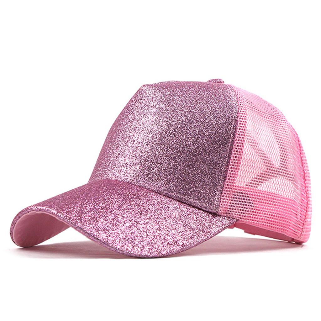 Boné com viseira de beisebol simples de camionista de rabo de cavalo bagunçado unissex com glitter