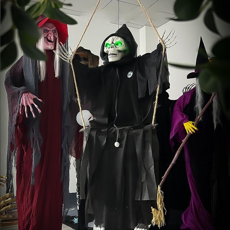 Halloween Hanging Swinging Skeleton Couple & Doll Girl Creepy Grim Reaper with Sound & Light Up Eyes Haunted House Decorations