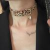 Y2k Sweet Cool Punk Puppy Footprint Tag Leopard Pattern Horse Hair Choker Collar Leather Neck Belt Party Necklace