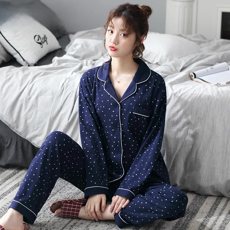 Ladies' 100% Cotton Long Sleeve Pajama Set Spring/autumn Thin Style Winter Warm Homewear Suit