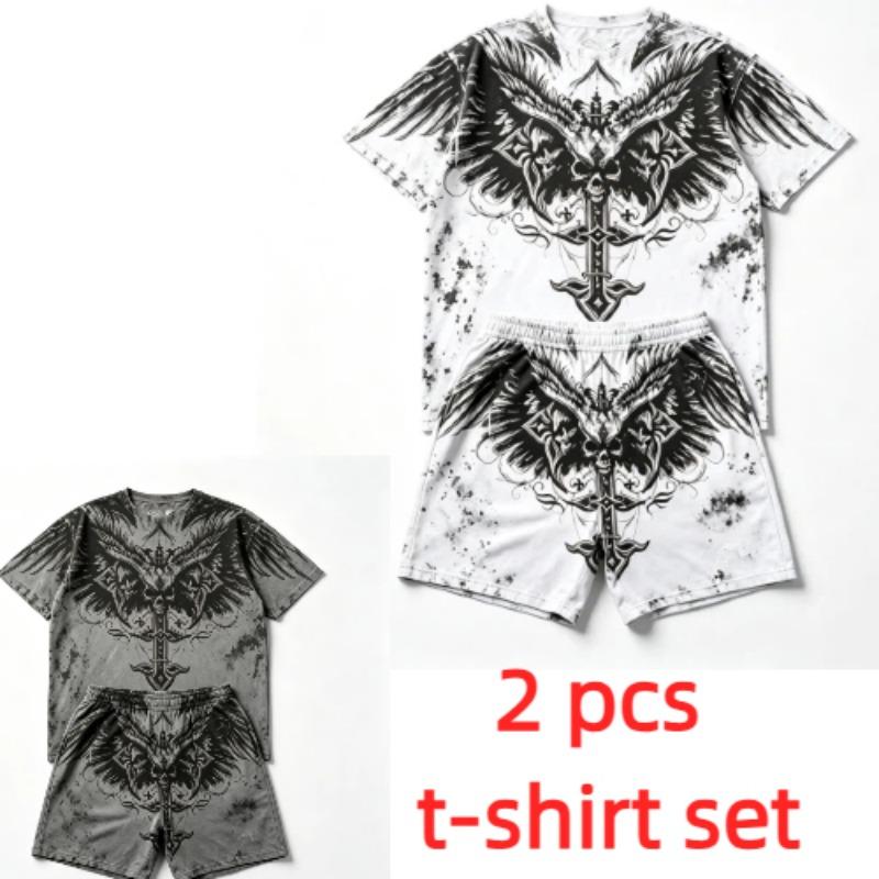 Summer Fashion Y2K Vintage Cross Skull Wings Graphic Printed Round Neck Short Sleeved T-Shirt And Shorts Set Men's and Women's T-shirt Shorts Set