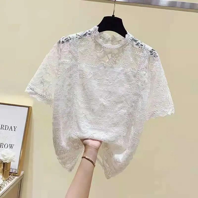 Women Summer Tops Vintage Short Sleeve Lace Tops Loose Elegant Slim Hollow Out Double Layer Anti Penetration Tops