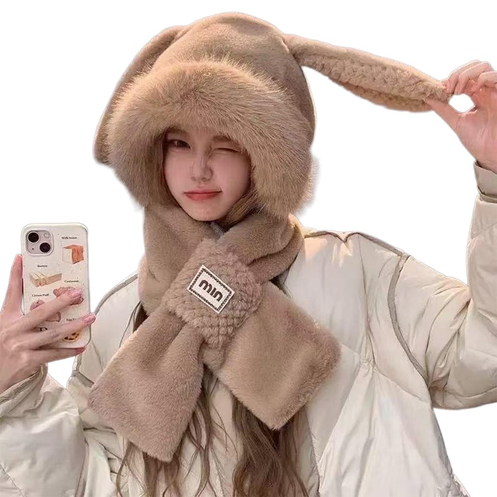 Women's Fleece Bunny Ear Hat Scarf Cute Animal Earmuffs with Neck Warmer Winter Soft Plush Beanie with Long Ears