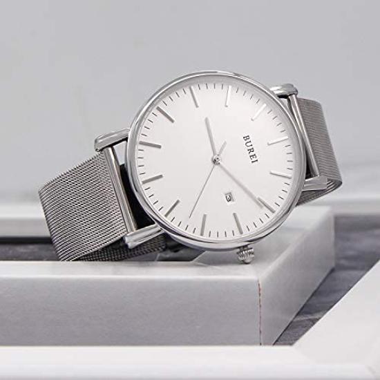BUREI Analog Quartz Date Popular Simple and Stylish Business Watch with Milanese Mesh Watch Men's Watch, Waterproof, Display, Silver, Brand, Strap,
