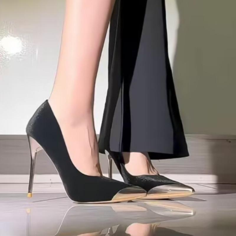 Fashion Spring New Thin Heel Shoes Women's Fashion Metal Pointed Shallow Mouth Suede Slip-on Anti-slip Wear-resistant High Heels