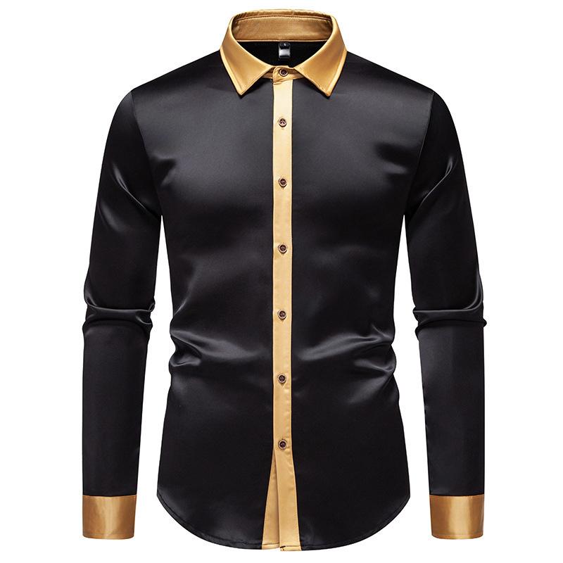 Men S Fashion Satin Smooth Color Block Long Sleeve Shirt