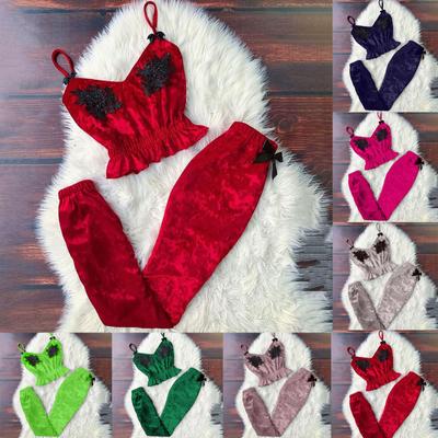 Women V-Neck Eyelash Beaded Sexy Stain Camisole Pajamas Bowknot Pants Set