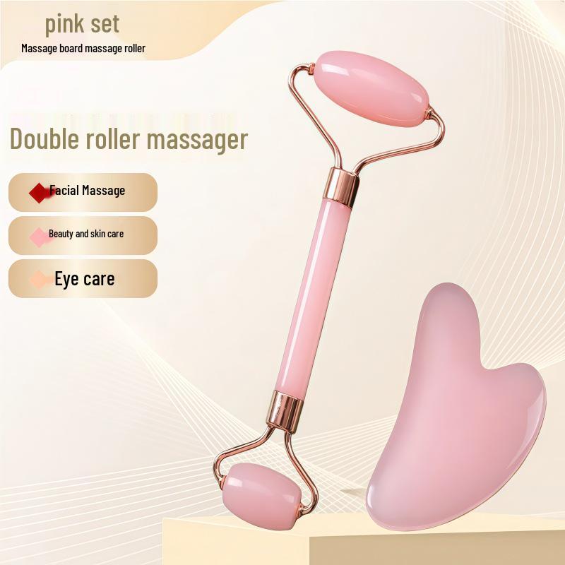 Rose Quartz Heart-Shaped Double-Headed Facial & Body Roller and Gua Sha Massage Set