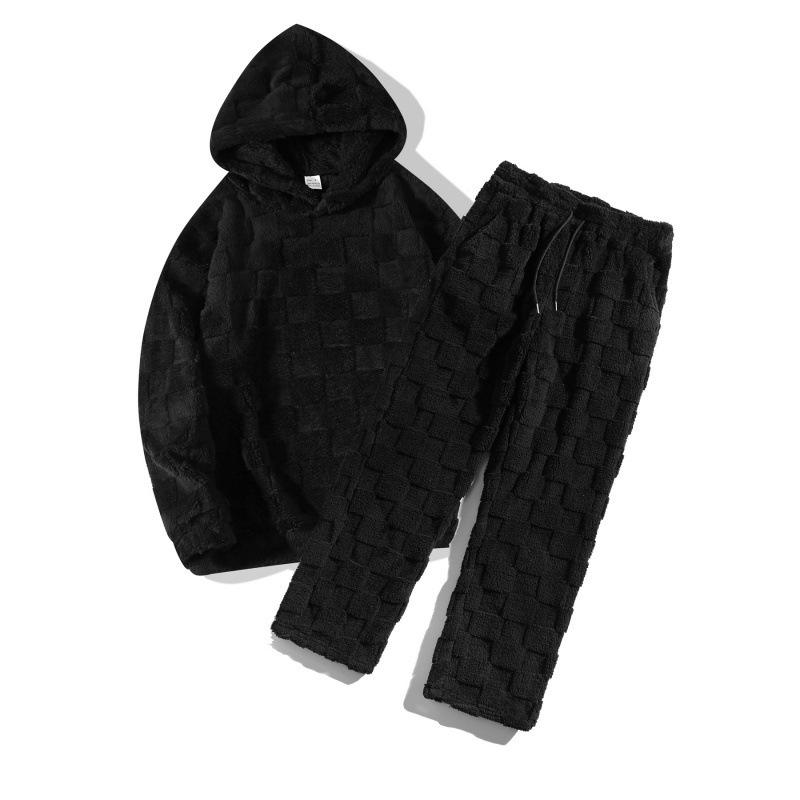 Autumn and Winter Foreign trade slim-fit round neck long-sleeved trousers square plaid fluffy personalized two-piece set casual men