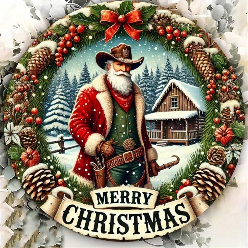 

Vintage Cowboy Santa Claus Christmas Iron Sign, Tin Plate Wall Art, Family Bar Home Decor 20x20 білий