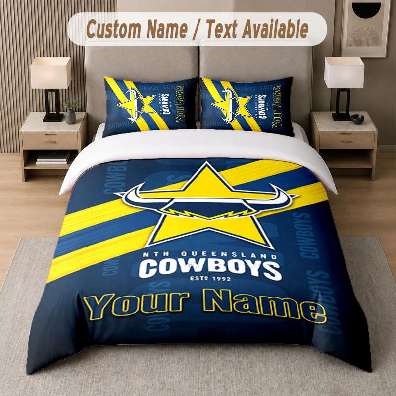 Custom Bedding Set North Queensland Cowboys Pattern, Print Name Text 1 Duvet Cover Plus 2 Pillowcases Home Textile