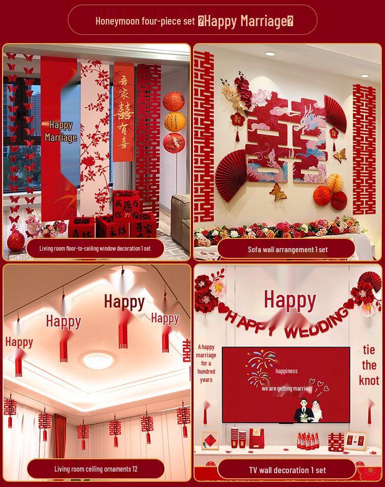 Double Happiness Wedding Room Cloth Banner Set for Ceremony and Hotel Décor