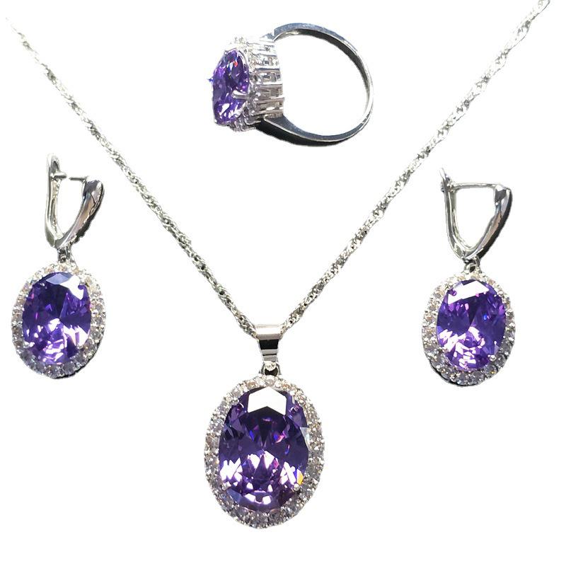 European-American Zircon Jewelry Set: Ring, Necklace, Earrings - Three-Piece Inlaid Zircon Collection