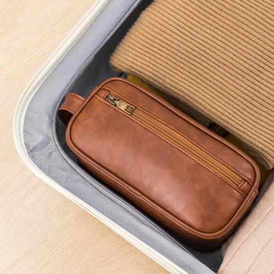 Vintage Makeup Bag Faux Leather Men Ladies Travel Toiletry Pouch Waterproof Cosmetics Organizer Bag for Vacation Business Trips