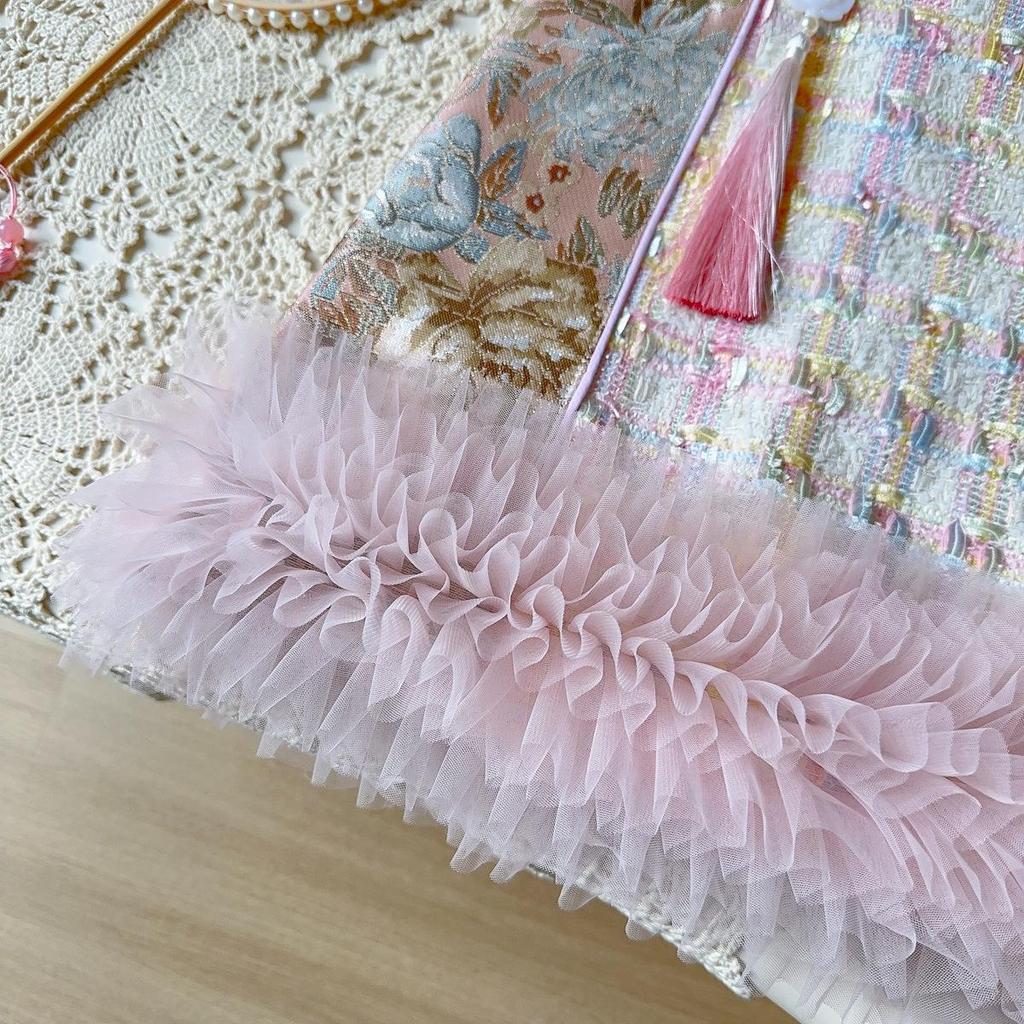 Girls' Winter Sleeveless Hanfu Cheongsam Dress with Mesh Skirt