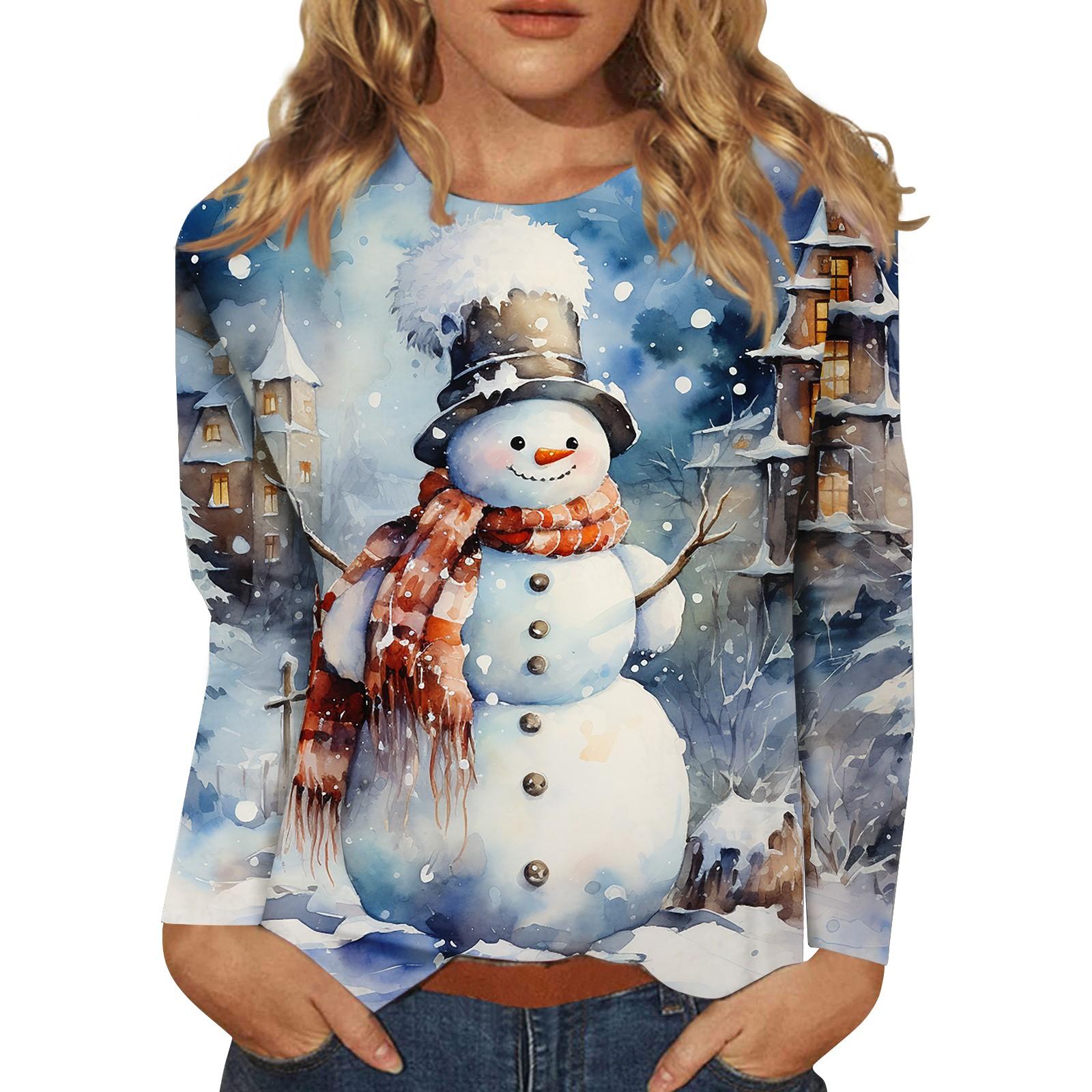 

Жіноча модна повсякденна блузка з різдвяним принтом і круглим вирізом з довгим рукавом XXL синій