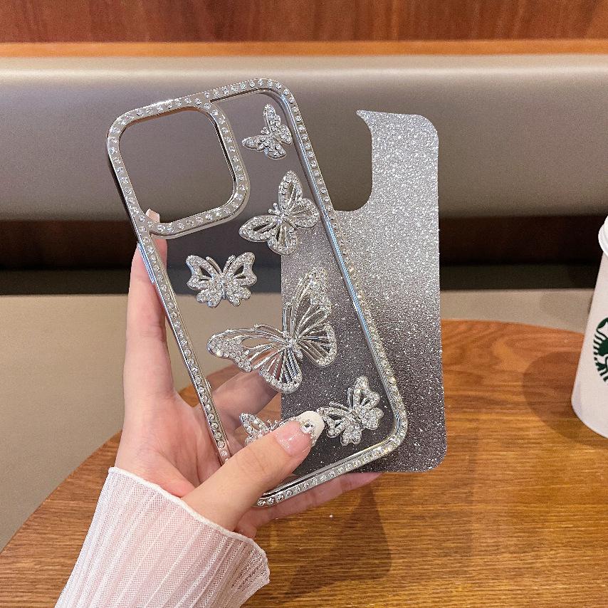 Glitter Gradient Butterfly Rhinestone Case for Apple iPhone 17 Air, Compatible with iPhone 15/16 Pro Max Lens