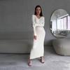 Women Elegant Solid Slim Long Sleeve Ribbed Knitted Dresses Autumn Winter Casual Basic V-neck Warm Sweater Dress