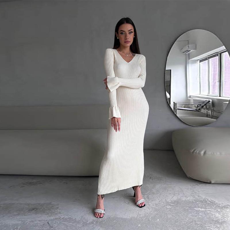 Women Elegant Solid Slim Long Sleeve Ribbed Knitted Dresses Autumn Winter Casual Basic V-neck Warm Sweater Dress