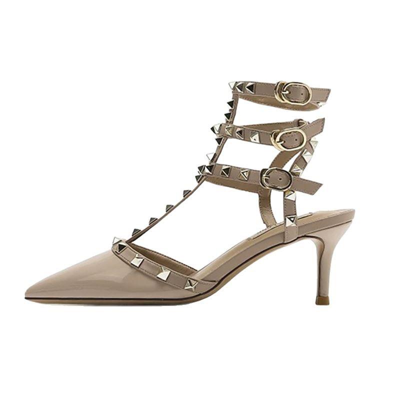 Naked patent leather rivets pointed high heels new three-ring one-word buckle with willow stiletto bag head sandals summer
