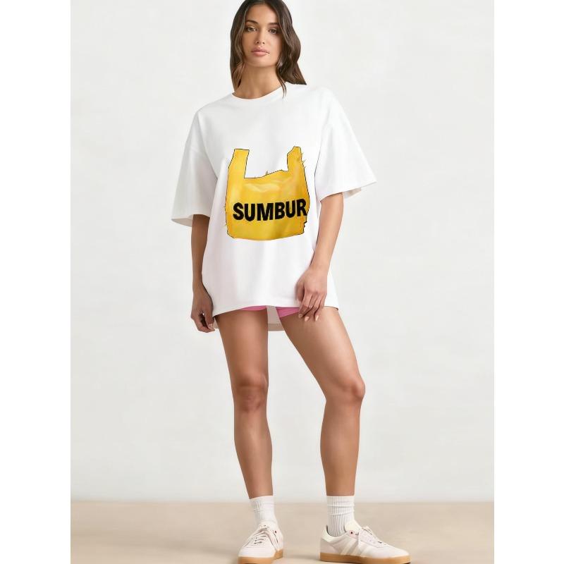 Oversized T Shirt Black Yellow Plastic Bag Print SUMBUR Text Casual Streetwear Fashion Top for Women Summer Outfit
