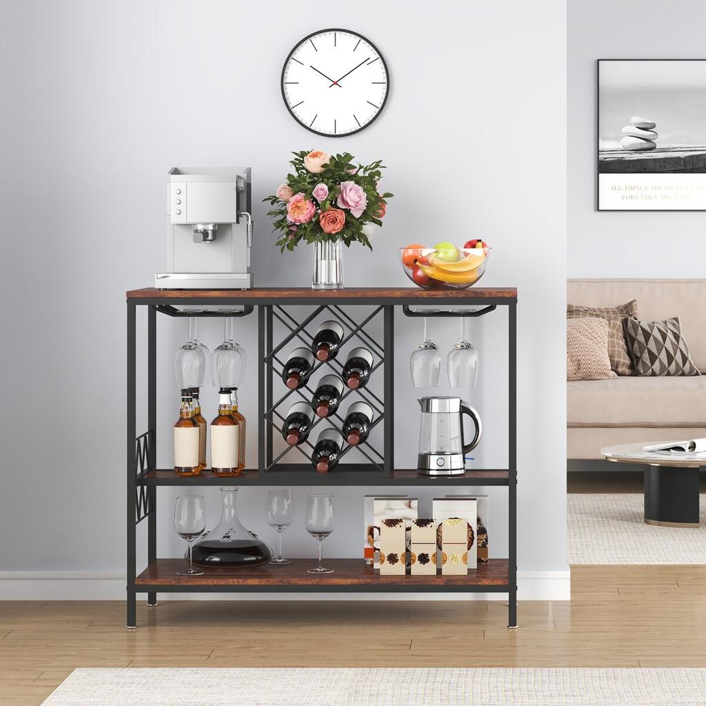 Armario Bar Industrial de 40 Pulgadas, Mesa de Vinos para Licores y Copas, Aparador Buffet con Soporte para Copas y Botellero, Madera Rústica Independiente