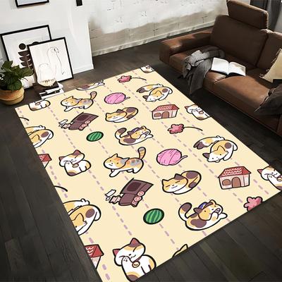 Cute Cartoon Cat Pattern Carpet with Paw Prints Yarn Balls Houses and Beige Background Suitable for Use As an Anti-slip for Room and Bedroom Sofas