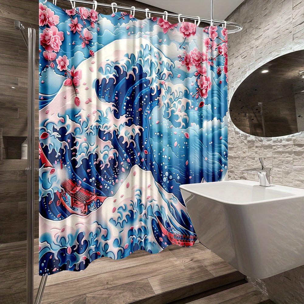 1pc Cherry Blossom Wave Shower Curtain - Stunning Japanese-Inspired Bathroom Decor, Polyester Fabric with 12 Hooks,