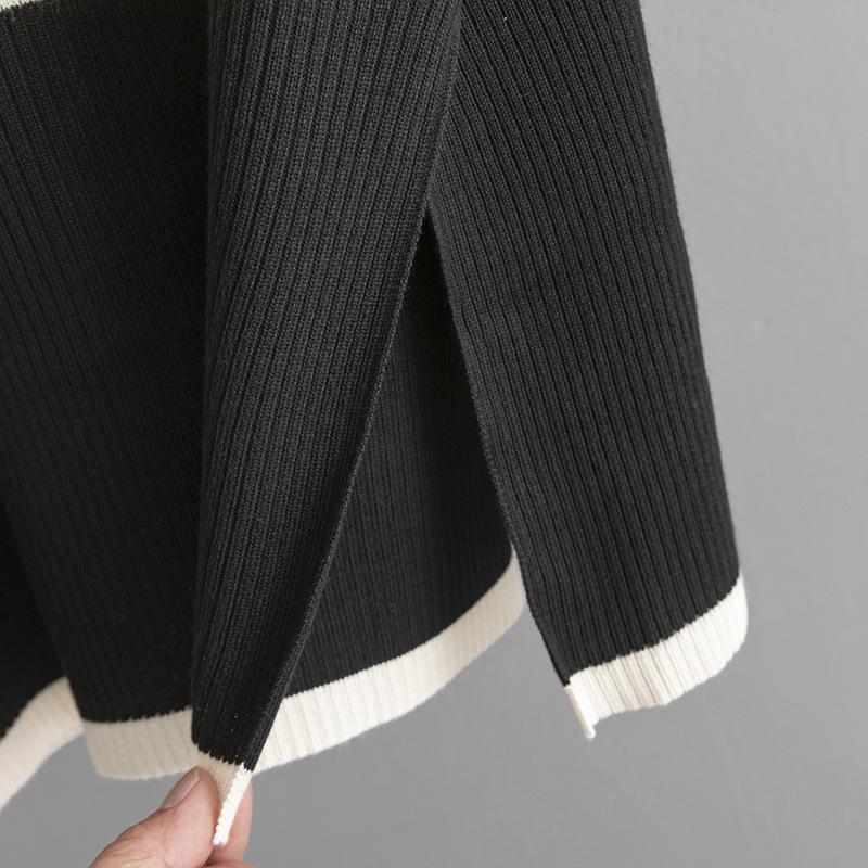 Fall Winter Lazy Wind Loose High Collar Pullover Sweater Suit Women's Stripe Long Sleeve Knit Wide Leg Pants Two Piece Set