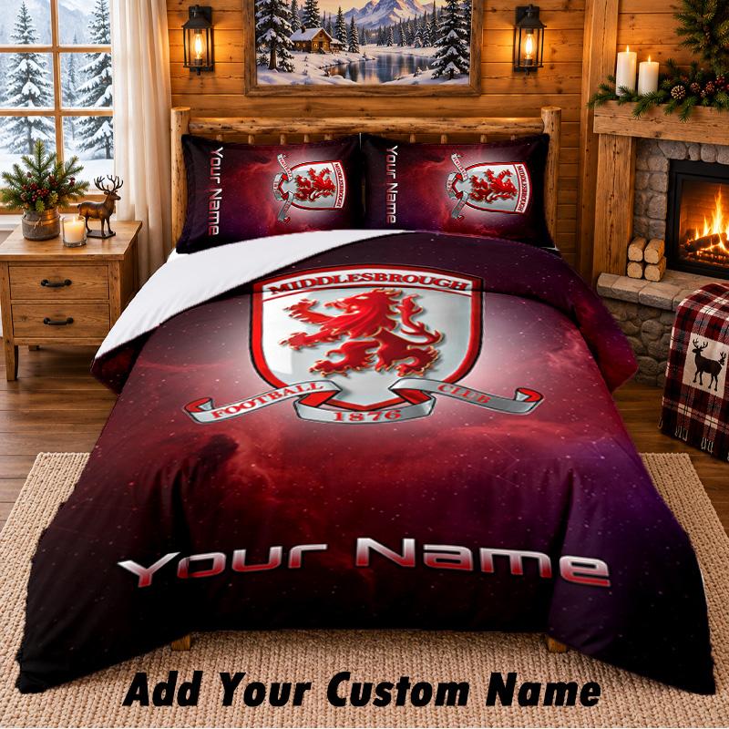 Middlesbrough FC Pattern Bedding 3Pcs Set Custom Name, Bed Sheet And Pillowcases For Home Bedroom