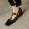 2024 New High Quality Women Pumps Thick High Heels Genuine Leather T-strap Buckles Retro Spring Summer Shoes Woman Office Pumps