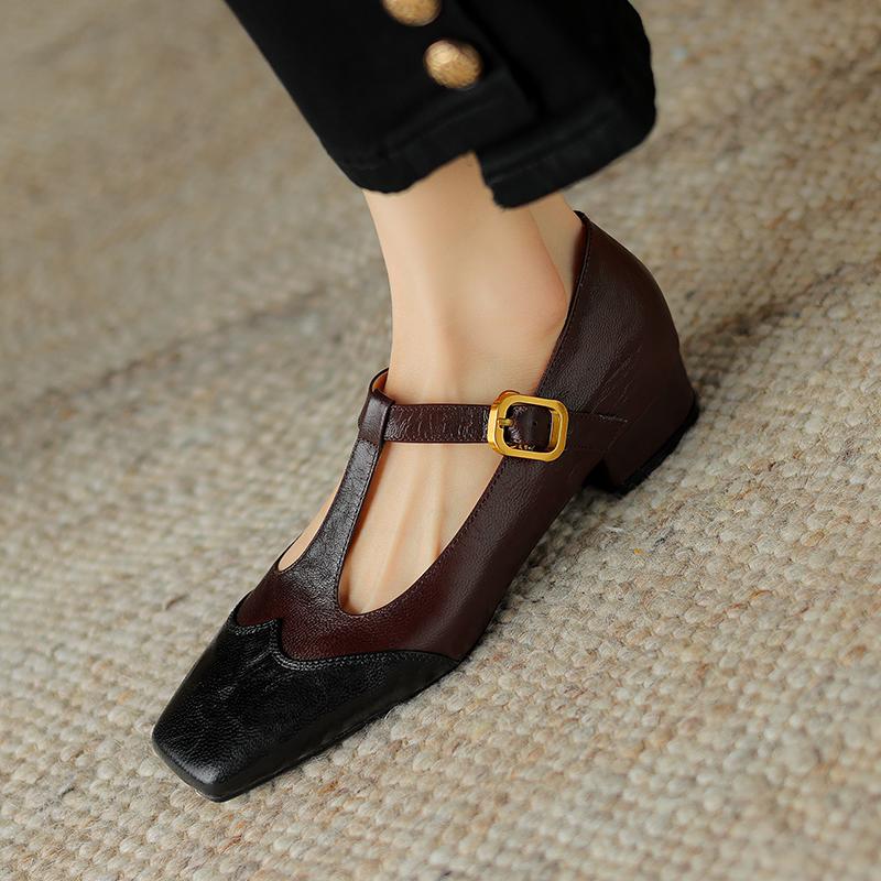 2024 New High Quality Women Pumps Thick High Heels Genuine Leather T-strap Buckles Retro Spring Summer Shoes Woman Office Pumps