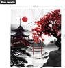 Japanese Cherry Blossom Shower Curtain Watercolor Black Red Floral Asian Chinese Mountain Sun Anime Fabric Waterproof