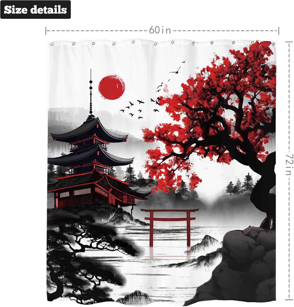 Japanese Cherry Blossom Shower Curtain Watercolor Black Red Floral Asian Chinese Mountain Sun Anime Fabric Waterproof