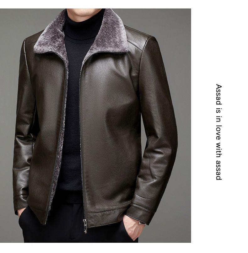 Thickened Lambskin Leather Jacket with Fur Lining for Middle-Aged and Elderly Men